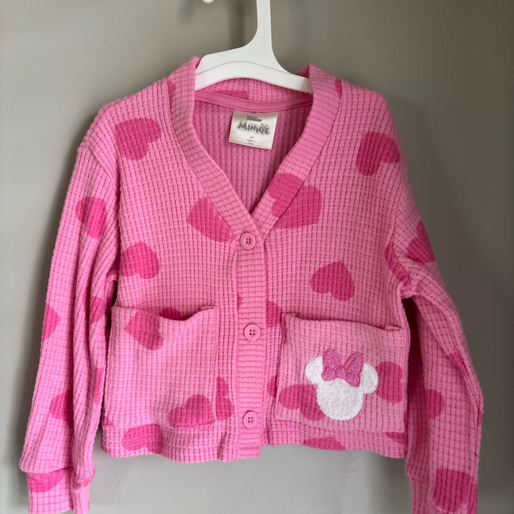 Disney Minnie Pink Heart Patterned Kids Girls Waffle Cardigan